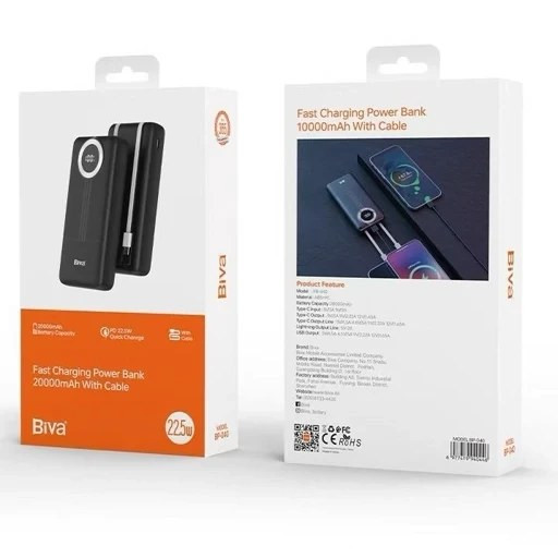 پاوربانک ۱۰۰۰۰ میلیآمپر فستشارژ بیوا (Biva) مدل PB-039 کابلدار