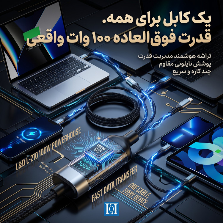 کابل شارژ ۳ کاره فستشارژ LoL مدل L-210 توان ۱۰۰ وات